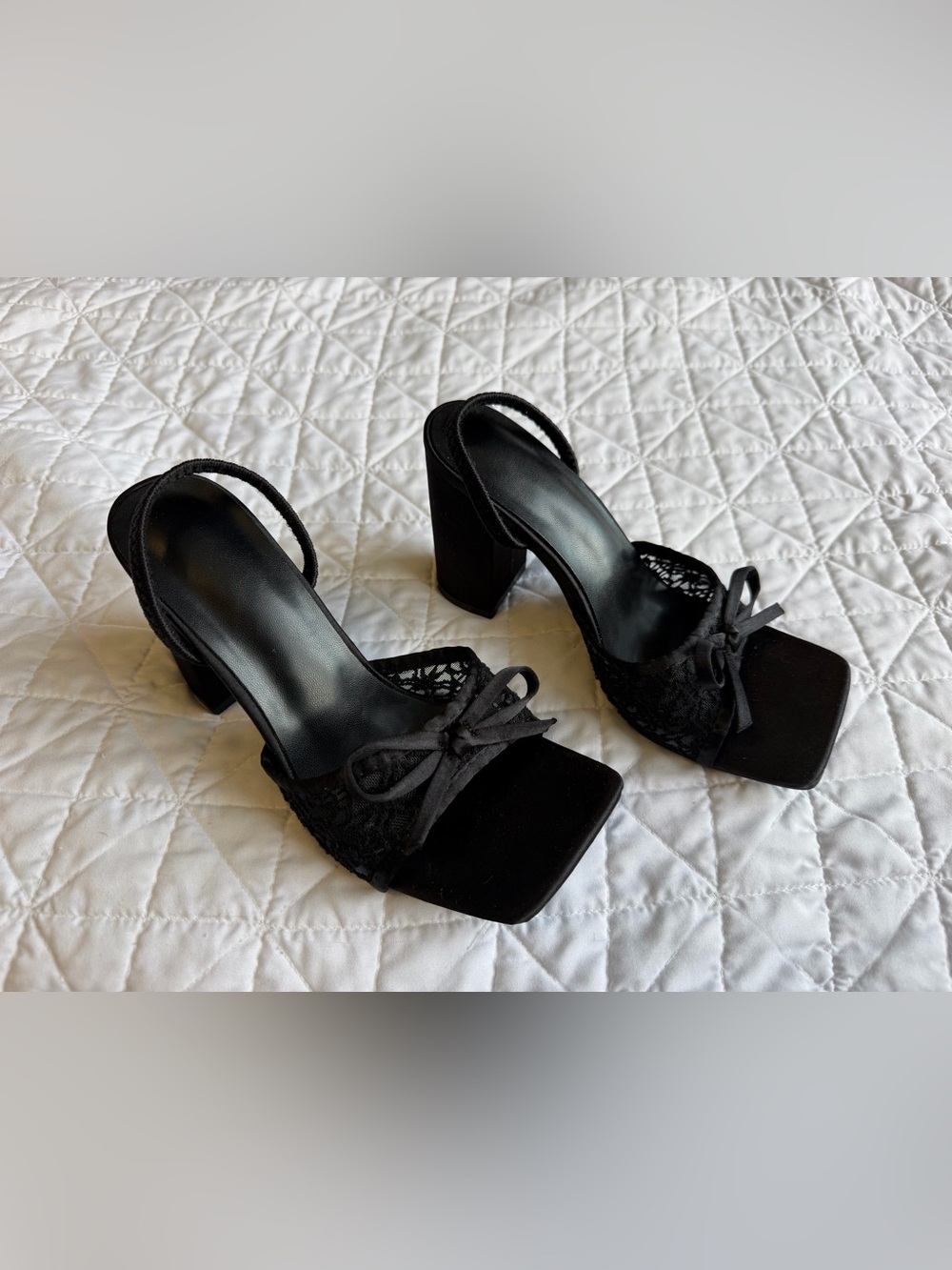 Black Lace Detail Block Heel Sandals
